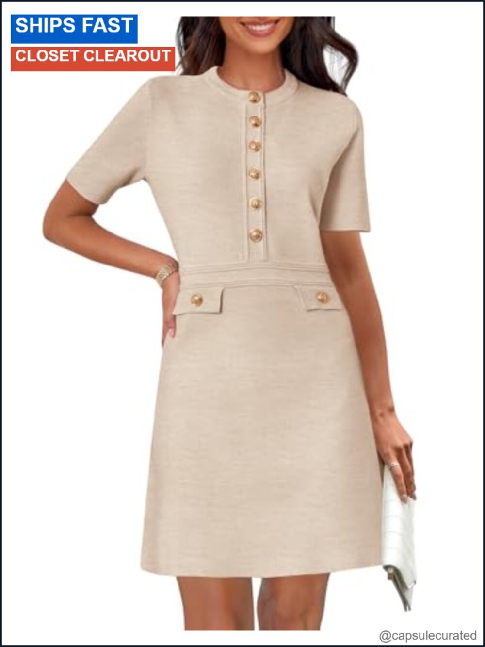 Women's Summer Short Sleeve Bodycon Sweater Mini Dress Crew Neck Button Down